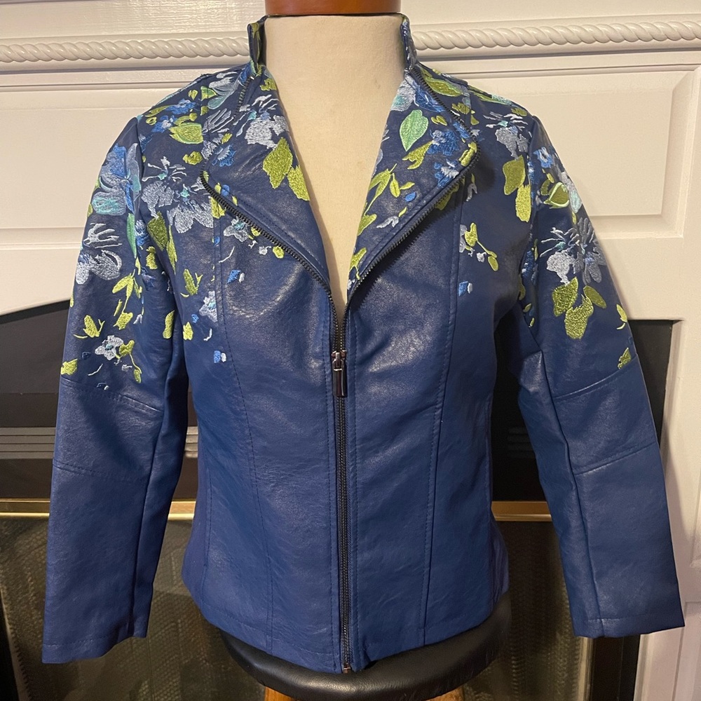 Embroidered leather bomber jacket Colleen Lopez Faux Leather Jacket Blue XS NEW